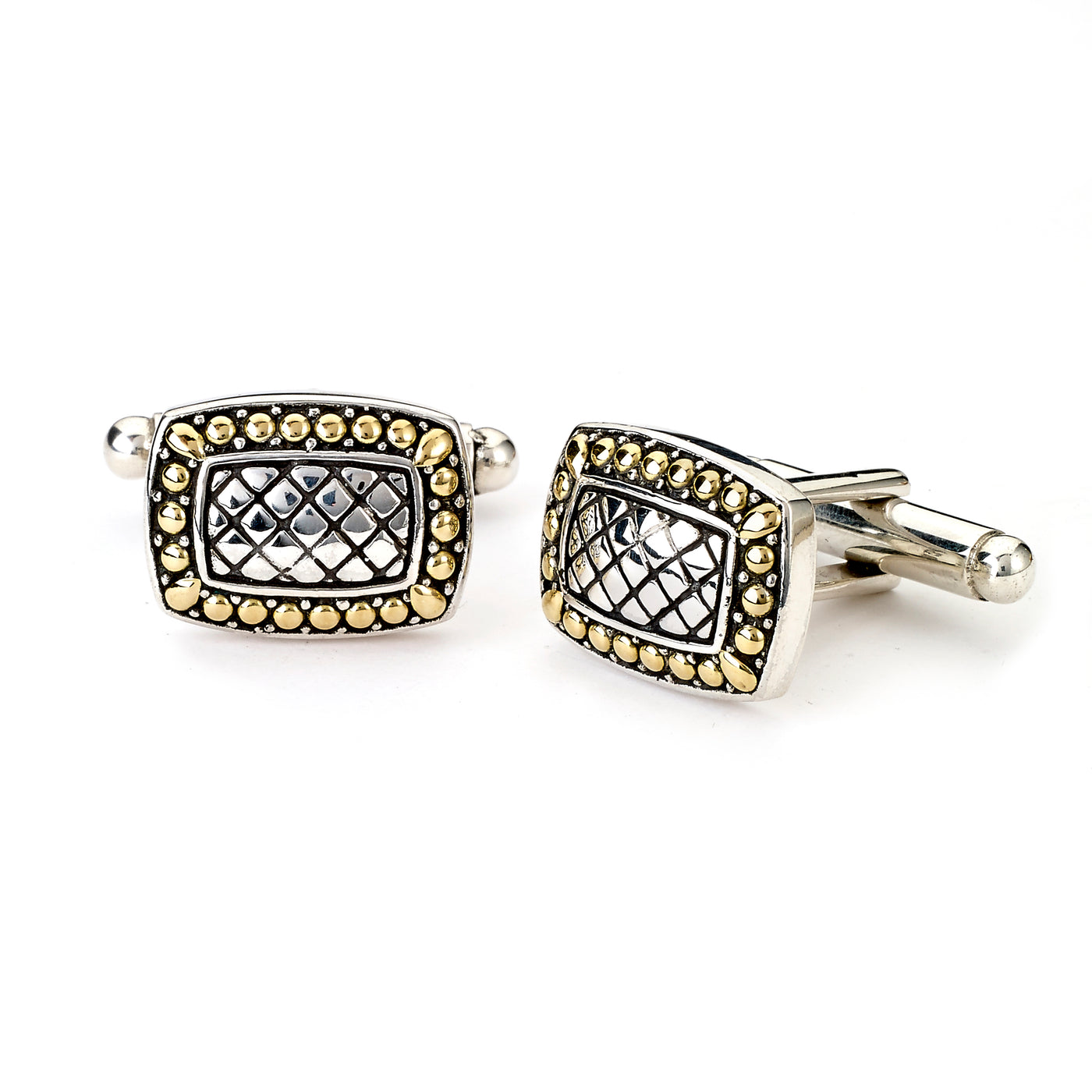 Sterling Silver and 18K Rectangle Checkerboard Cuff Links