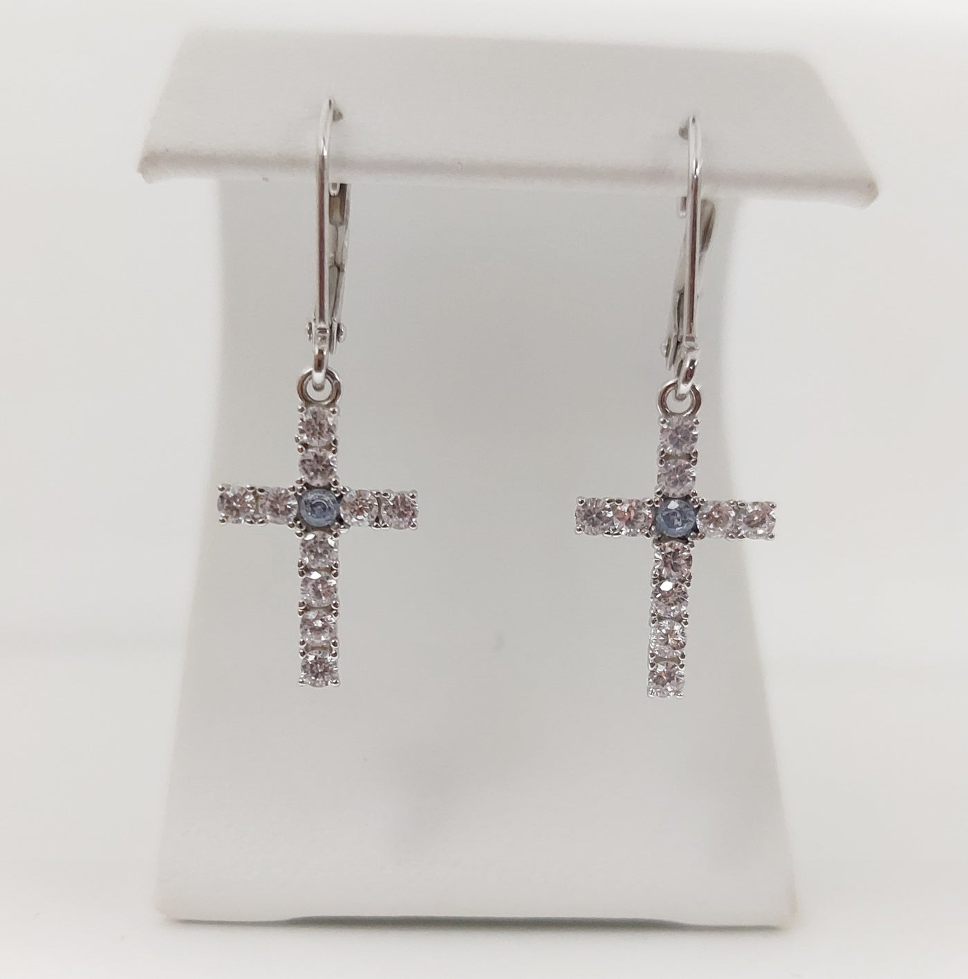Silver Simulated Aquamarine/Diamond Cross Earrings