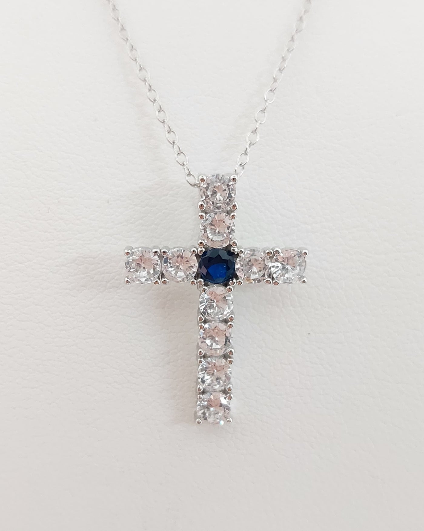 Silver Simulated Blue Sapphire/Diamond Cross Necklace