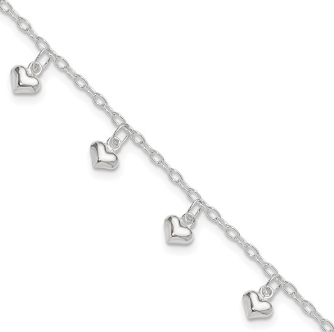 Sterling Silver Polished Puffed Heart Ankle (10 inch)