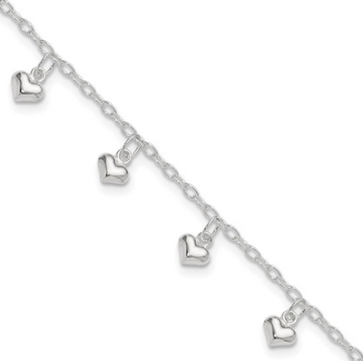 Sterling Silver Polished Puffed Heart Ankle (10 inch)