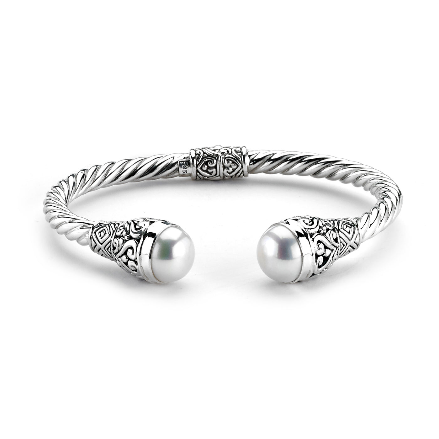 SS TWISTED FRESH WATER PEARL HINGED CABLE BANGLE