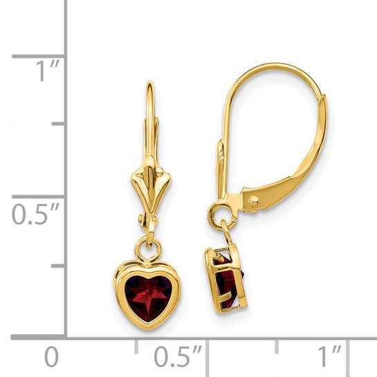 14KY Heart-Shaped Garnet Leverback Earrings