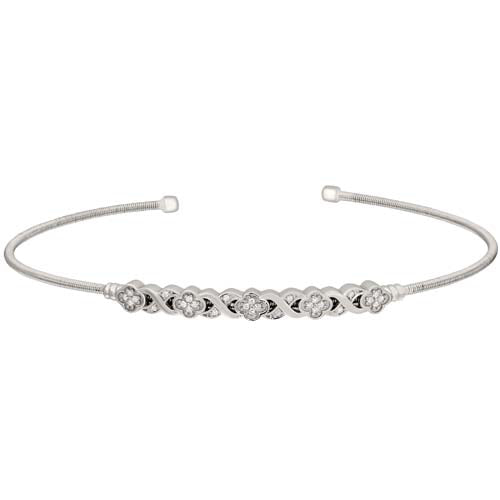 Rhodium Finish Sterling Silver Cable Cuff Bracelet with Simulated Diamond XO Flower Design