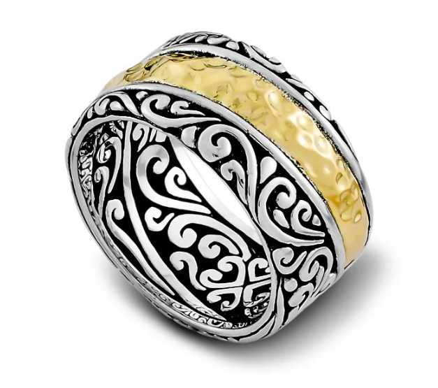 SS & 18K Yellow Gold Hammered "Bratan Ring"