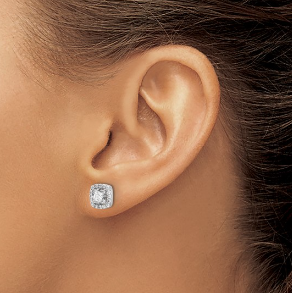 Sterling Silver Round and Princess-cut Cubic Zirconia Halo Earrings