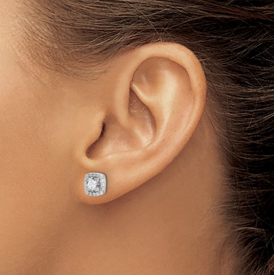 Sterling Silver Round and Princess-cut Cubic Zirconia Halo Earrings