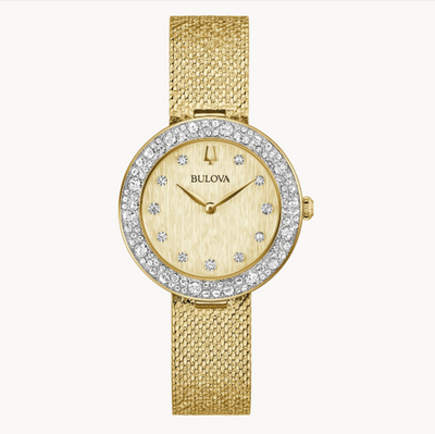 Lady's Gold-Tone Bulova "Crystal" with Champagne Dial and Crystal Bezel