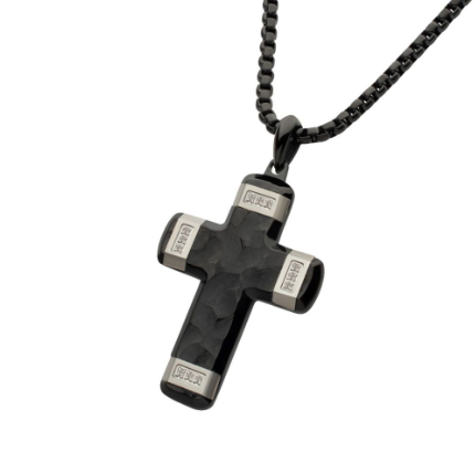 Matte Finish Black Stainless Steel Steel Cross Necklace with Lab-Grown Diamonds