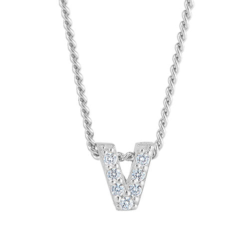 Platinum Finish SS Micropave V Initial Pendant with Simulated Diamonds on 18" Curb Chain