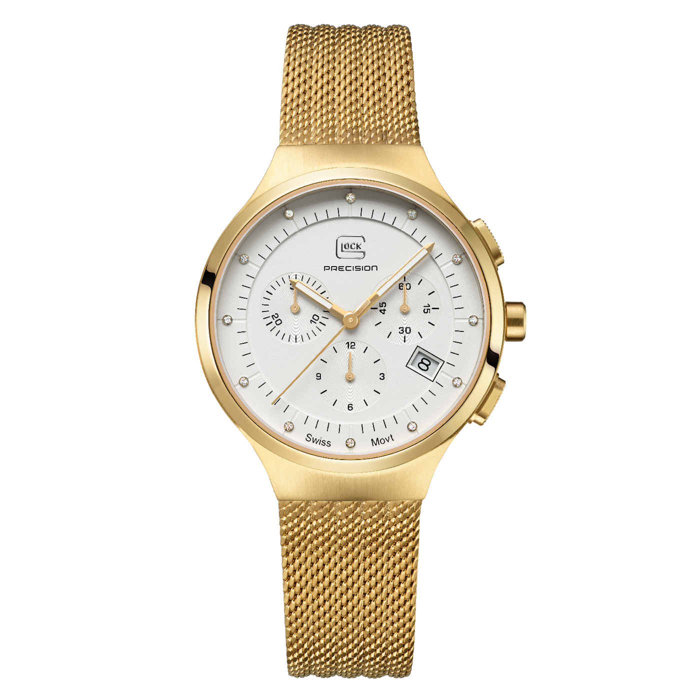 Mid-Size Gold-Tone Steel Glock Watch with White Diamond Dial