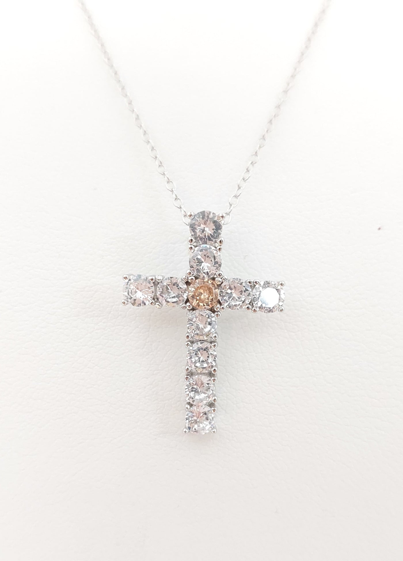 Silver Simulated Citrine/Diamond Cross Necklace