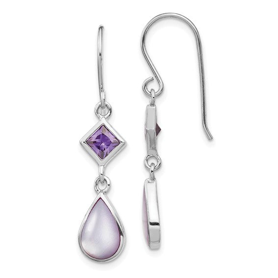 SS Rhod-plated Purple CZ and Purple MOP Dangle Earrings