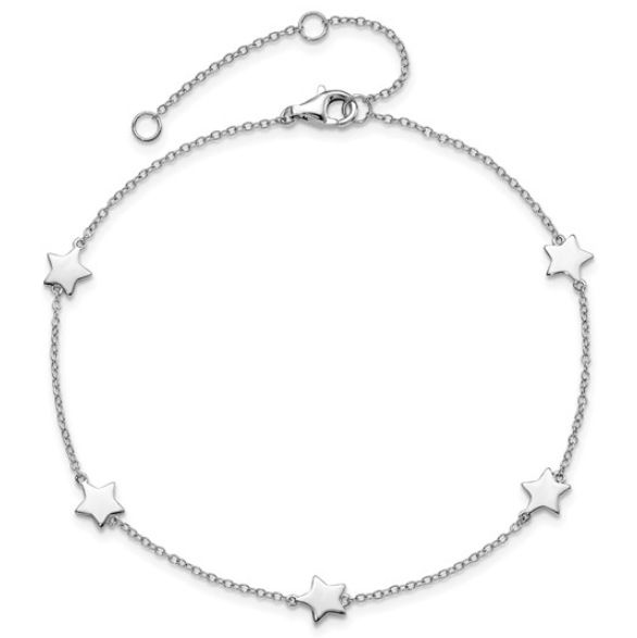 Sterling Silver Rhodium-plated Star Station Anklet (8.5in + 2in ext)