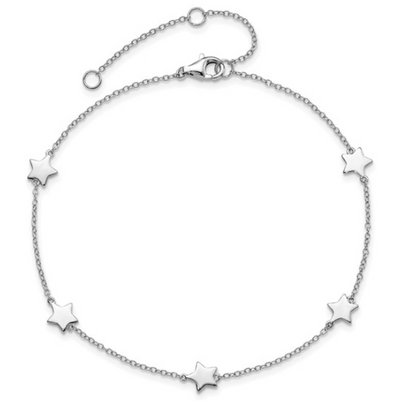 Sterling Silver Rhodium-plated Star Station Anklet (8.5in + 2in ext)