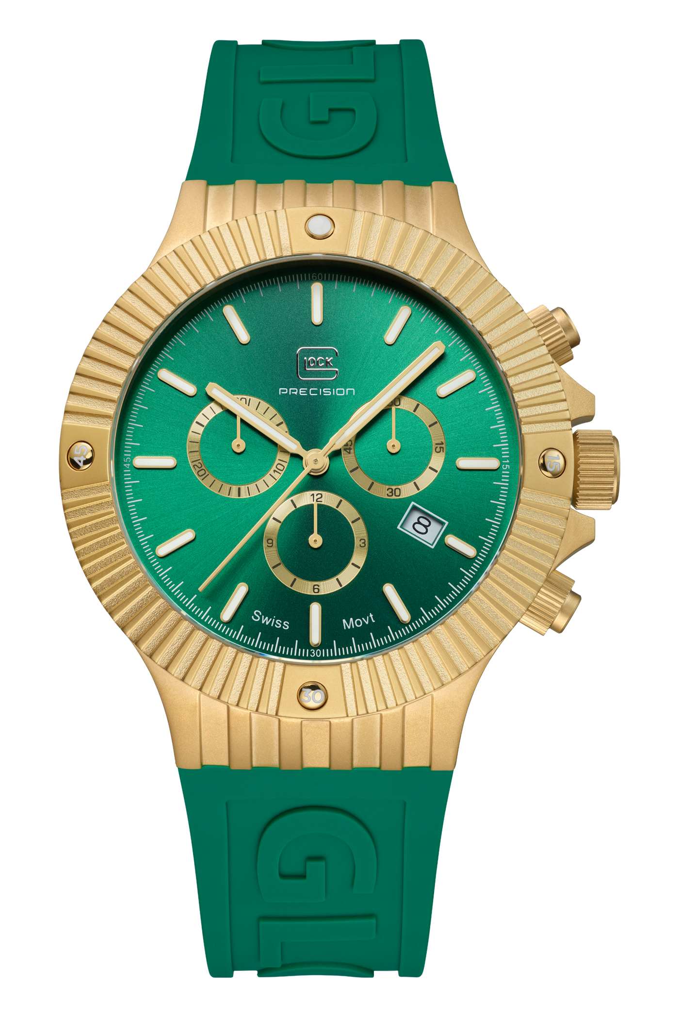 Gents Gold-Tone Steel Glock Watch with Green Dial and Chronodial