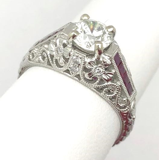 14KW Vintage Style Diamond & Ruby Engagement Ring