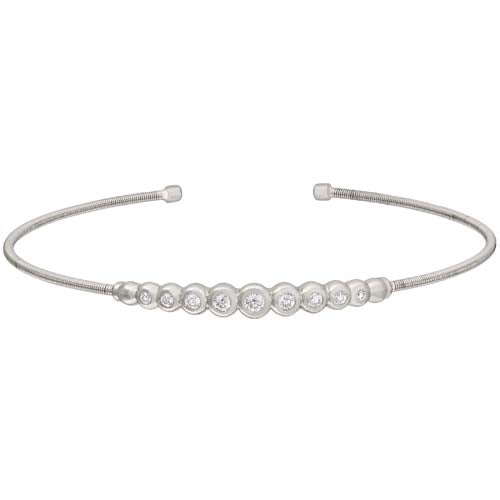 Rhodium Finish SS Cable Cuff Bracelet with Graduated Simulated Diamonds