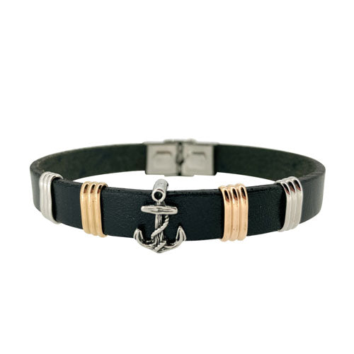 Black Leather 1 Cord Bracelet With Central Stainless Steel Anchor