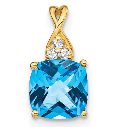 14KY Checkerboard Blue Topaz and RBC Diamond Pendant