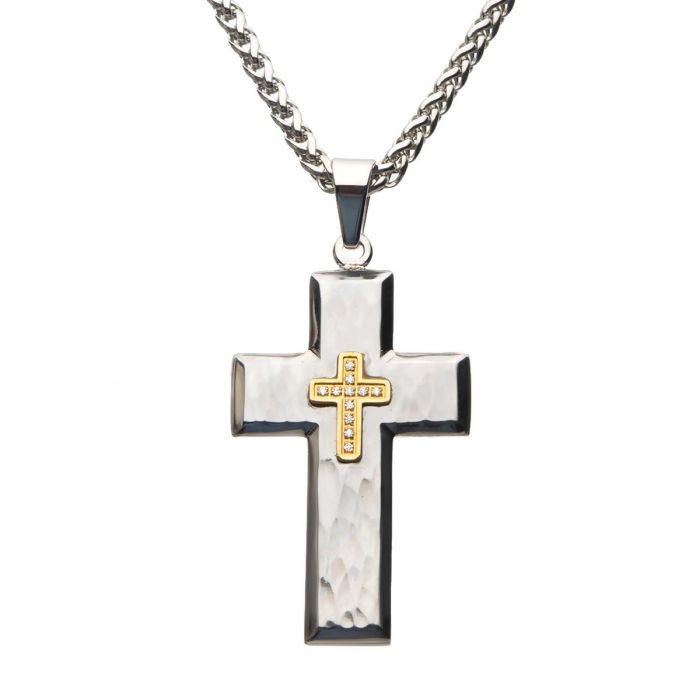 Gold Plated Cross with Cubic Zirconia on Steel Hammered Cross Pendant with Wheat Chain