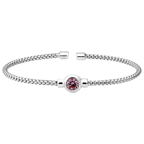 Rhodium Finish SS Rounded Box Link Cuff Bracelet with Bezel Set Simulated Pink Sapphire Birth Gem