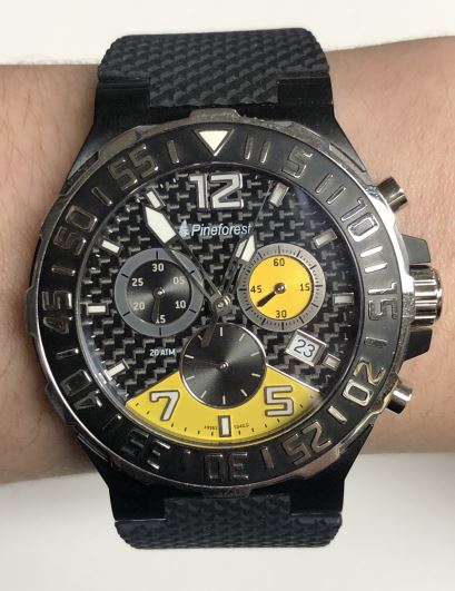 Gent's Stainless Steel Pineforest Jewelry Chronograph Watch with Yellow Accents