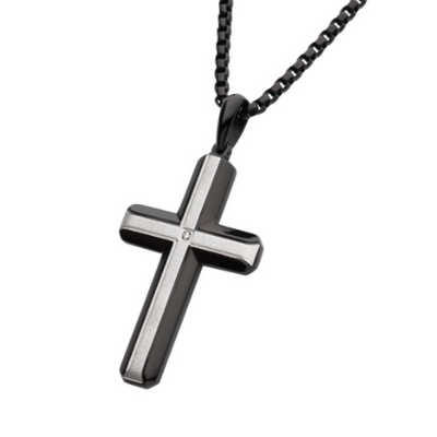 Black Ion-Plated Steel Brushed Finish Cross Necklace with Lab-Grown Diamond