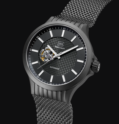 Gents Black Steel Glock Watch with Black Dial and Skeleton Chronograph