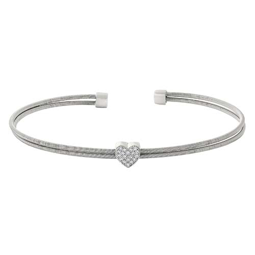 Rhodium Finish SS Two Cable Cuff Bracelet with Simulated Diamond Heart