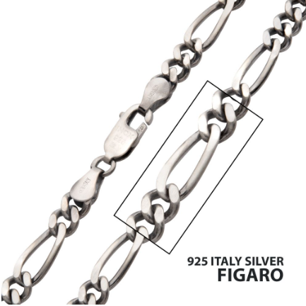 5.5mm Sterling Silver Black Rhodium Plated Satin Finish Figaro Chain, 22"