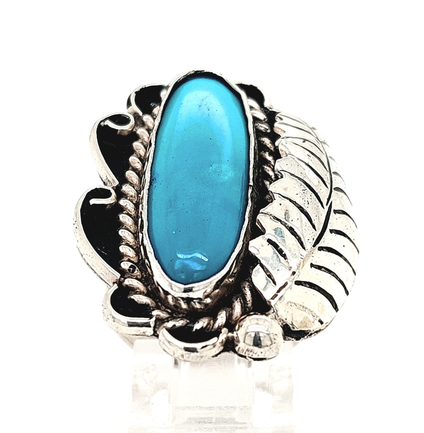 Sterling Silver Oval Turquoise Ring with Feather (Size 8)