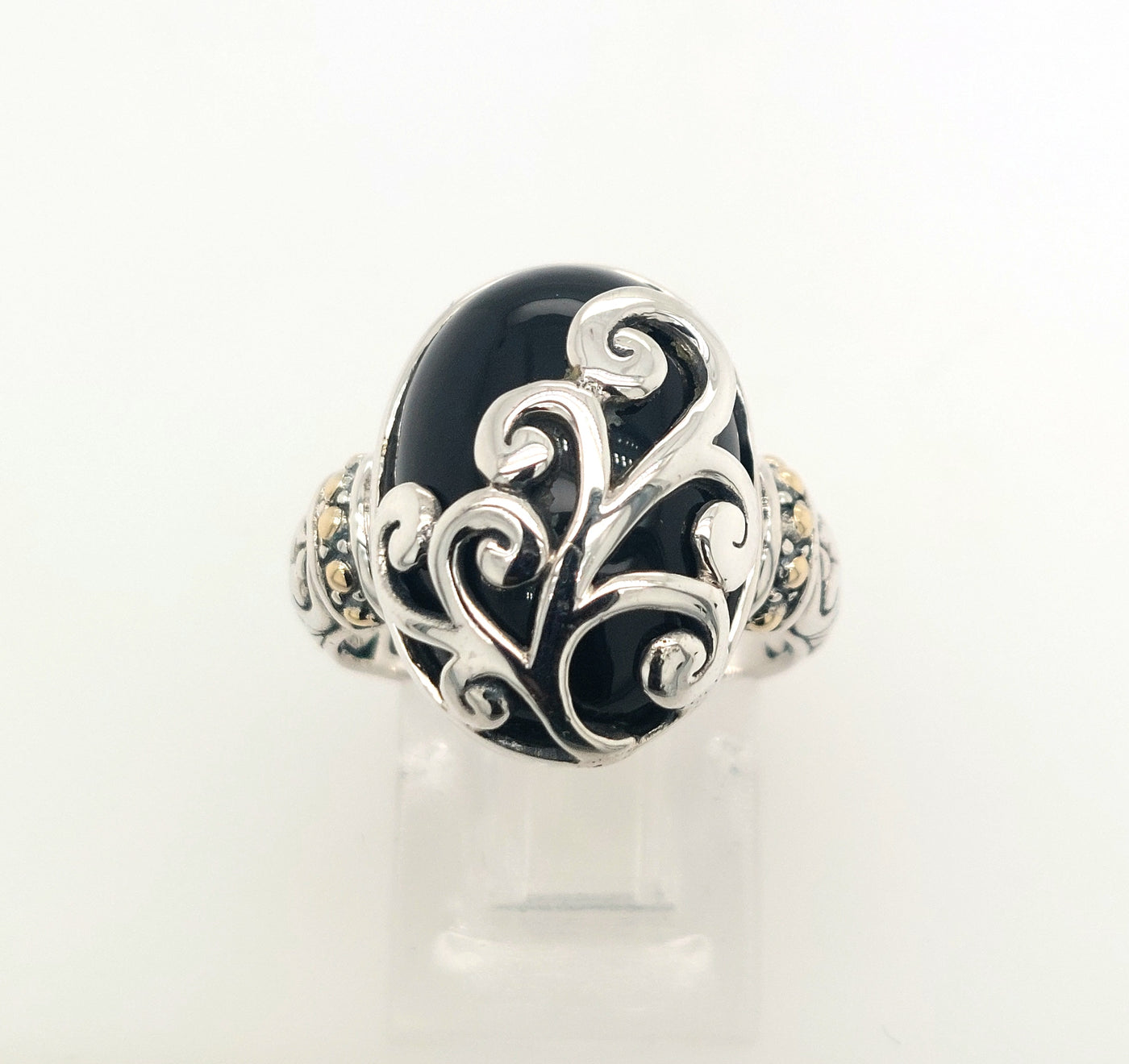 Sterling Silver and 18KY Oval Black Chalcedony "Silver Fern Ring"