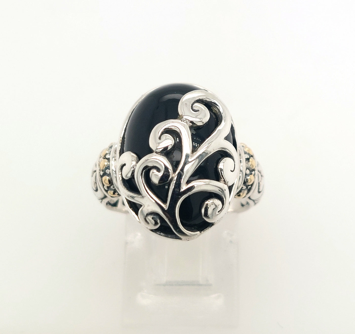 SS and 18K Yellow Gold Oval Black Chalcedony "Silver Fern Ring"