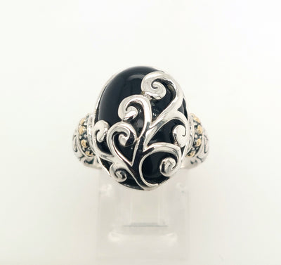 SS and 18K Yellow Gold Oval Black Chalcedony "Silver Fern Ring"