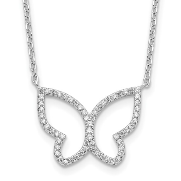 Rhodium-plated Sterling Silver Open CZ Butterfly Necklace (16in  + 2in)