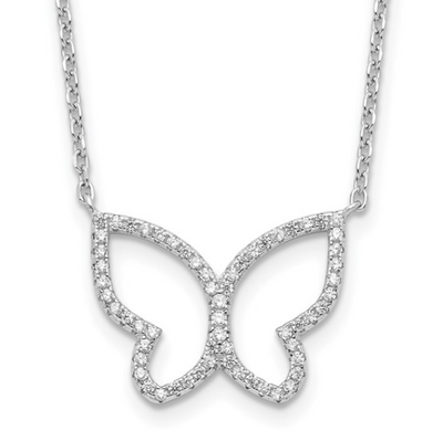 Rhodium-plated Sterling Silver Open CZ Butterfly Necklace (16in  + 2in)