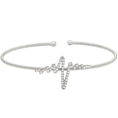 Rhodium Finish SS Cable Cuff Heartbeat Bracelet with Simulated Diamonds