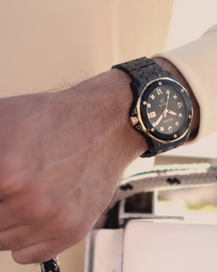 Gent's Black Tn Bulova "Marine Star" with Black Sunray Dial with Diamonds & Gold Accents