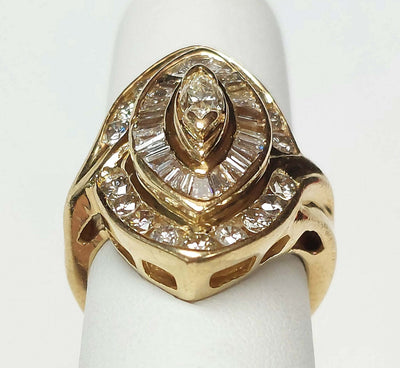 Lady's 14K Yellow Gold Diamond Cluster Ring, 1.63ctTW, Size: 4.75, 8.8g, containing 0.30ct MQ Center, 0.85ctTW 