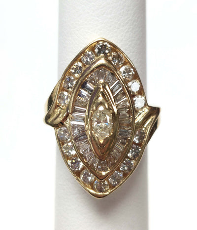 Lady's 14K Yellow Gold Diamond Cluster Ring, 1.63ctTW, Size: 4.75, 8.8g, containing 0.30ct MQ Center, 0.85ctTW 