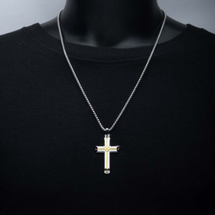 StainleSS Steel and 18K Ion-Plated CroSS Necklace with Lab-Grown Diamond Accent