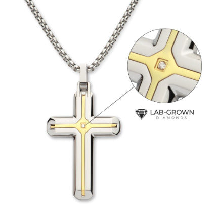 StainleSS Steel and 18K Ion-Plated CroSS Necklace with Lab-Grown Diamond Accent