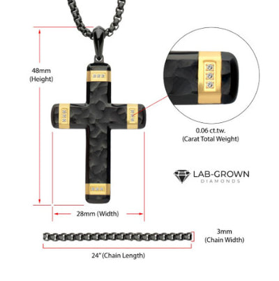 Two-Tone Gold Black and Gold Ion-Plated Plated Carved Steel CroSS Necklace with Lab-Grown Diamonds