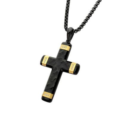 Two-Tone Gold Black and Gold Ion-Plated Plated Carved Steel CroSS Necklace with Lab-Grown Diamonds