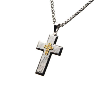 Gold Plated CroSS with Cubic Zirconia on Steel Hammered CroSS Pendant with Wheat Chain