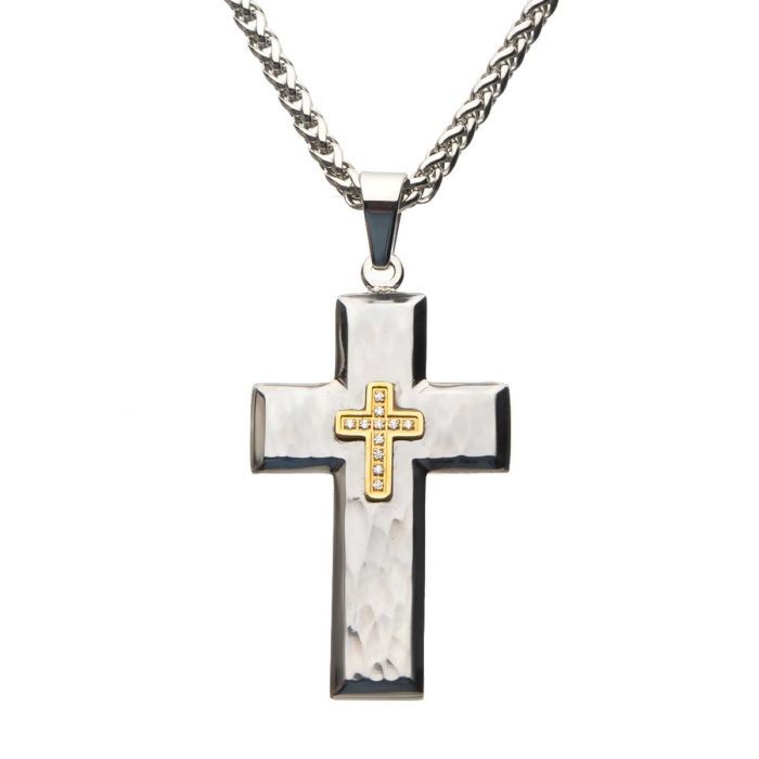 Gold Plated CroSS with Cubic Zirconia on Steel Hammered CroSS Pendant with Wheat Chain