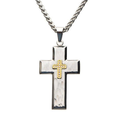 Gold Plated CroSS with Cubic Zirconia on Steel Hammered CroSS Pendant with Wheat Chain