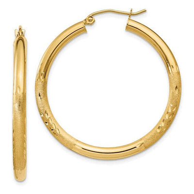 14K Yellow Gold 2 inch Textured Hoops