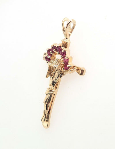 14K Yellow Gold Crucifix with 7 round rubies